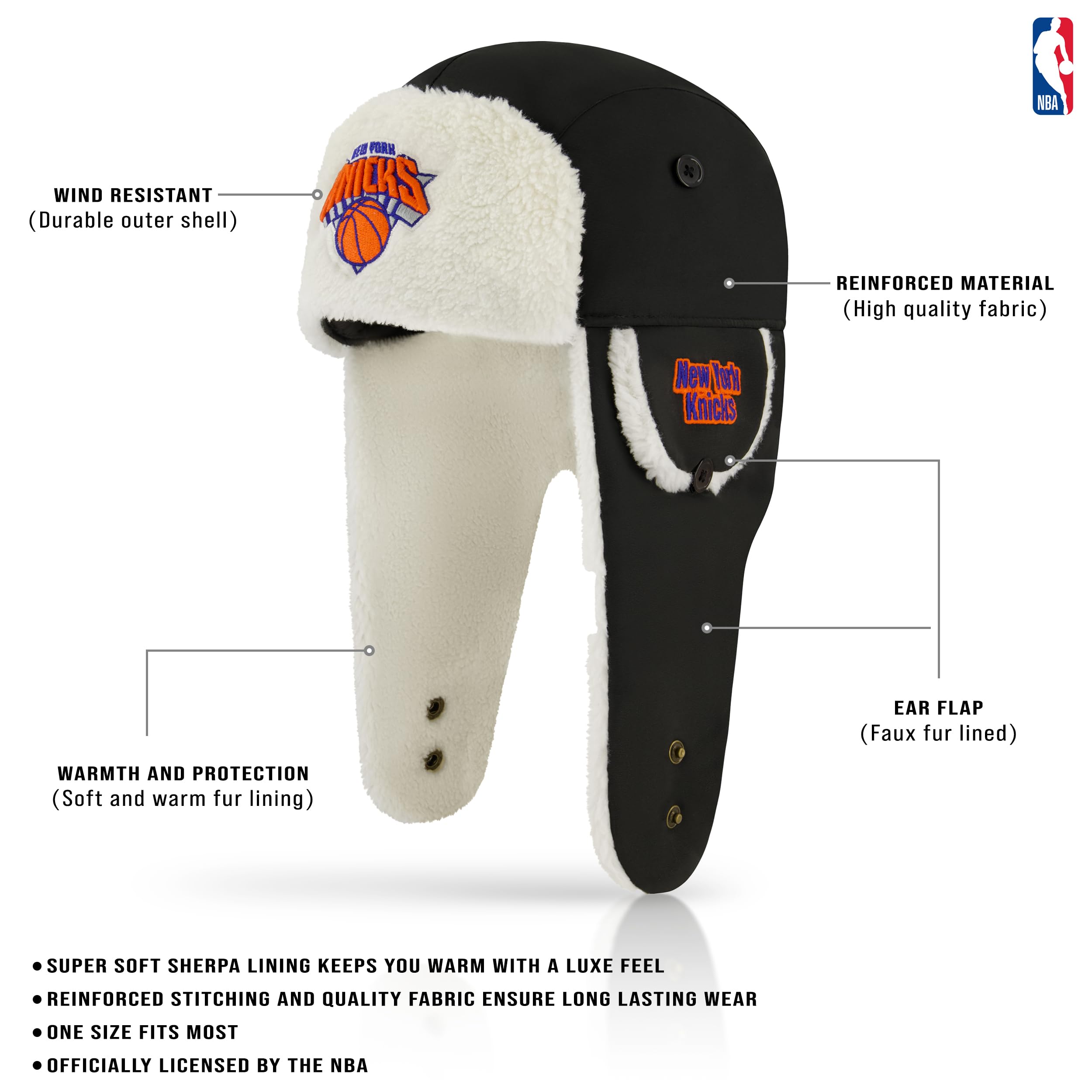 Ultra Game Adult NBA Official Trapper Winter Hat with Super Soft Warm Sherpa Lined Ear Flaps - Image 3