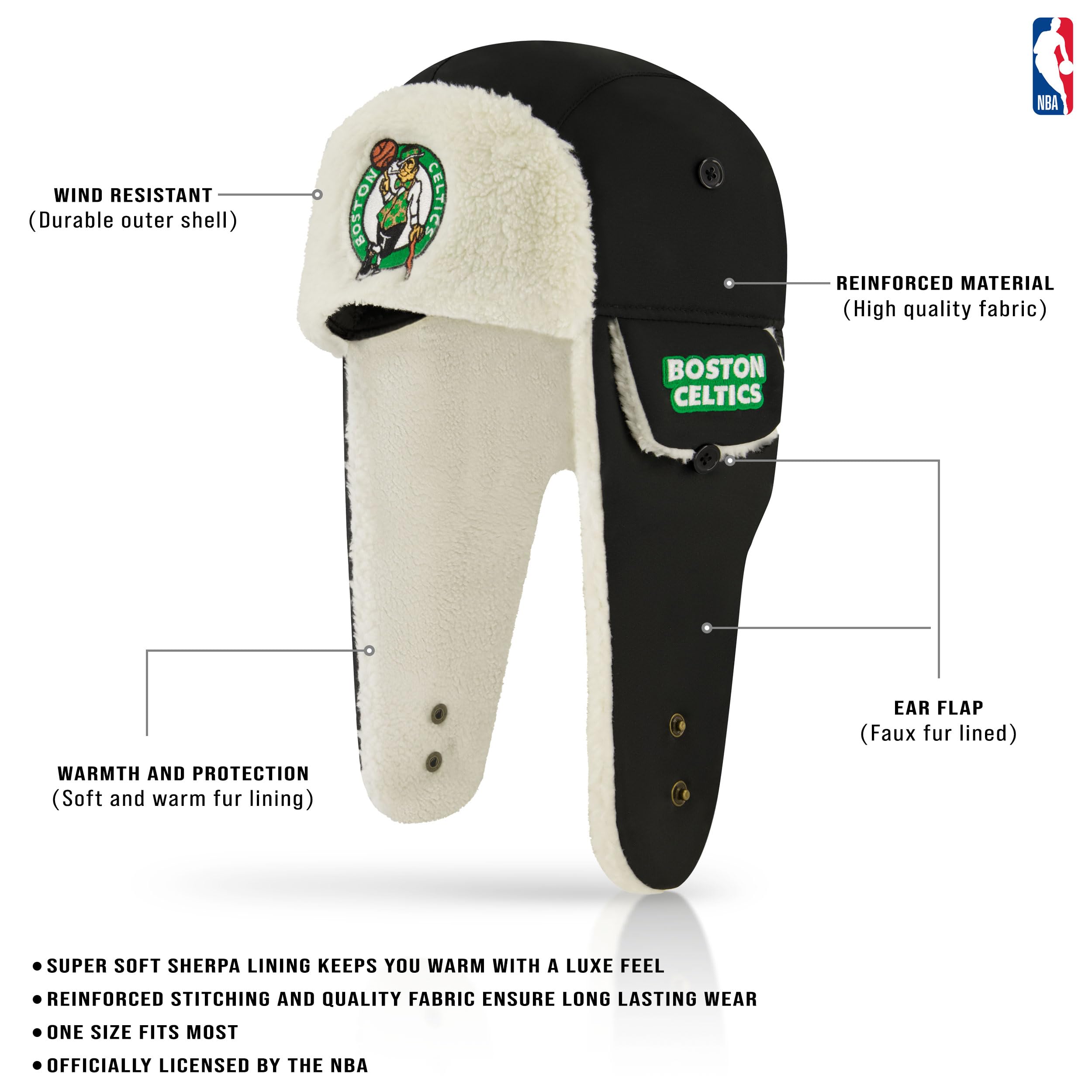 Ultra Game Adult NBA Official Trapper Winter Hat with Super Soft Warm Sherpa Lined Ear Flaps - Image 3