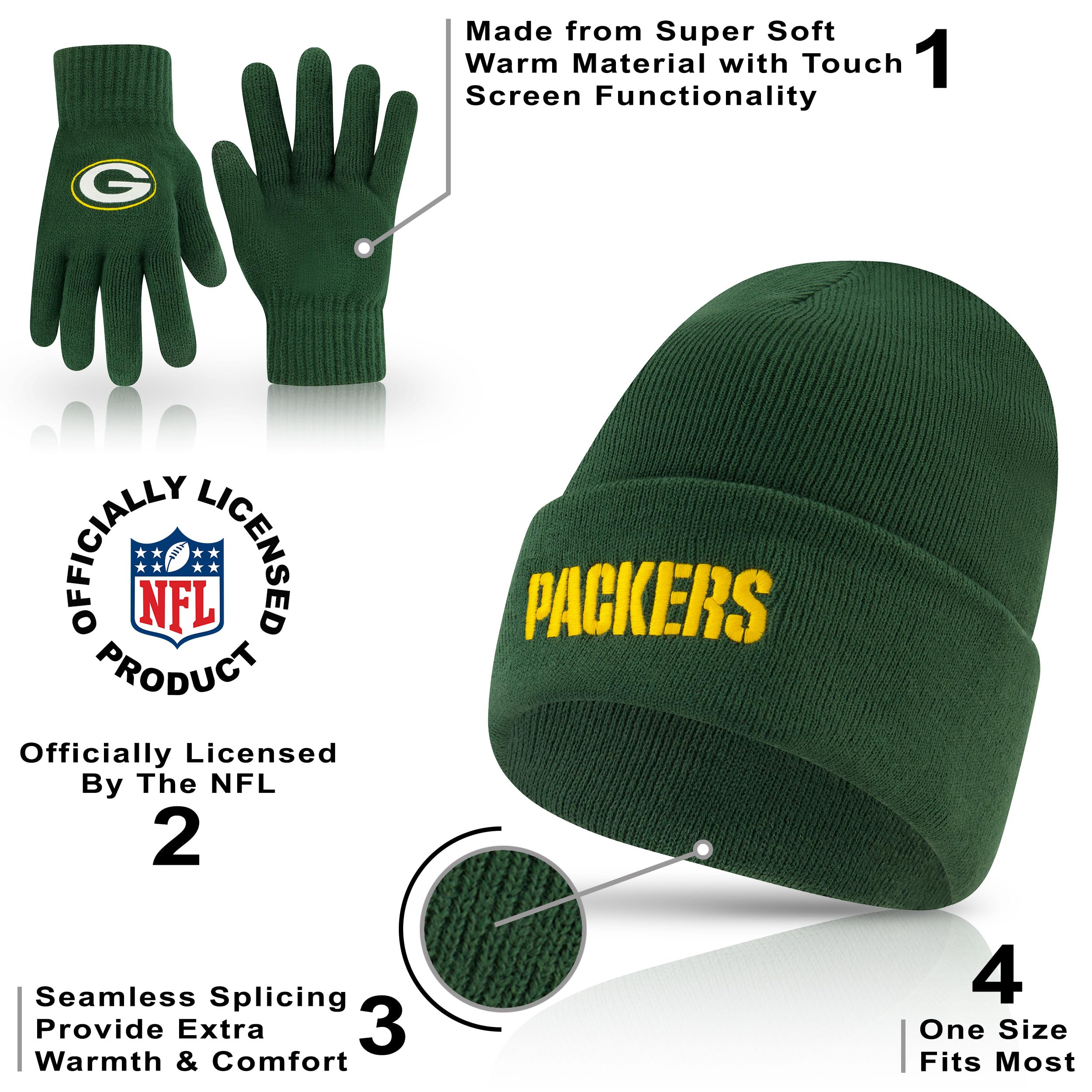 Ultra Game Adults NFL Official 2 Pack Super Soft Winter Beanie Knit Hats with Warm Touch Screen Gloves - Image 4