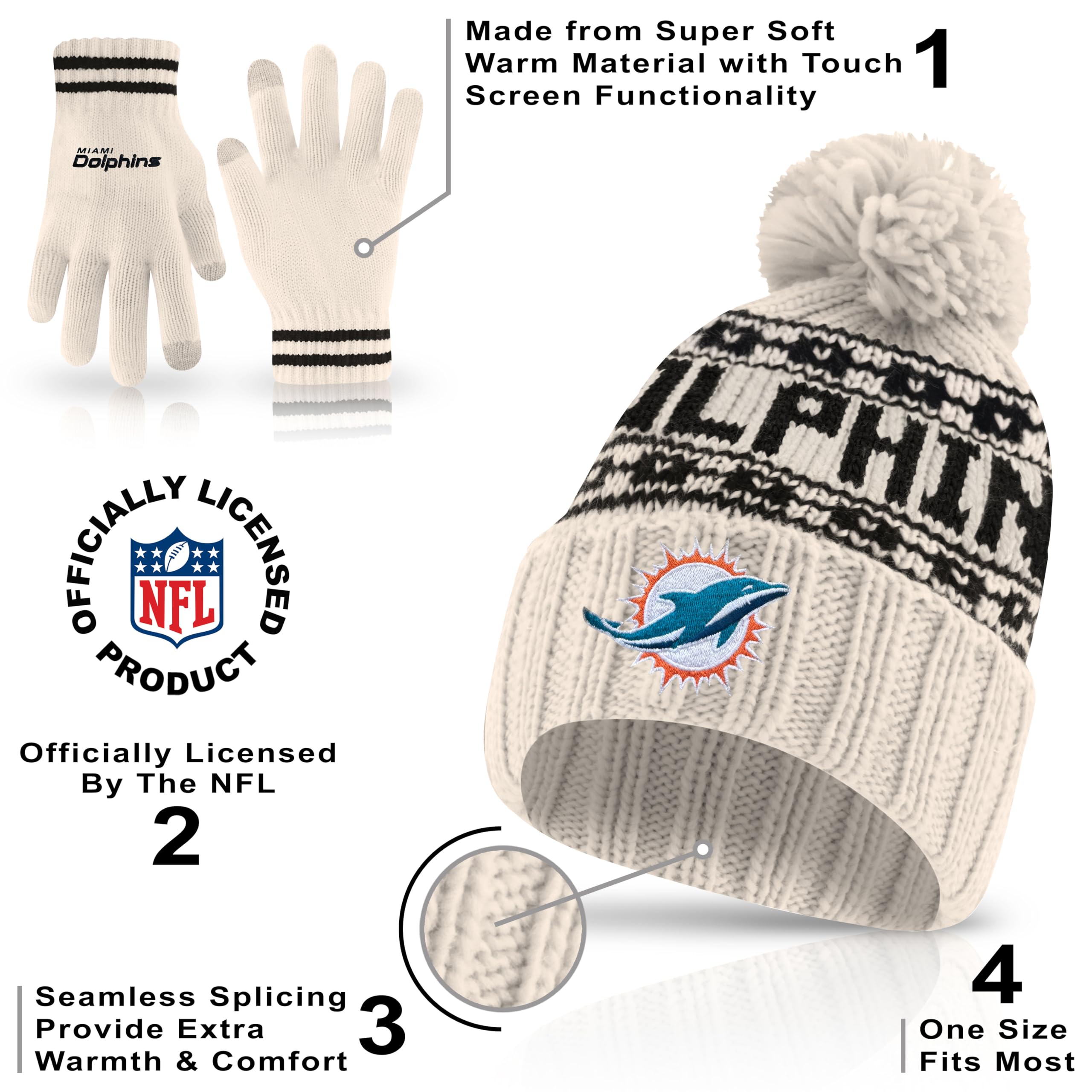 Ultra Game Adults NFL Official Super Soft Cable Knit Winter Beanie Knit Hat with Warm Touch Screen Gloves - Image 4