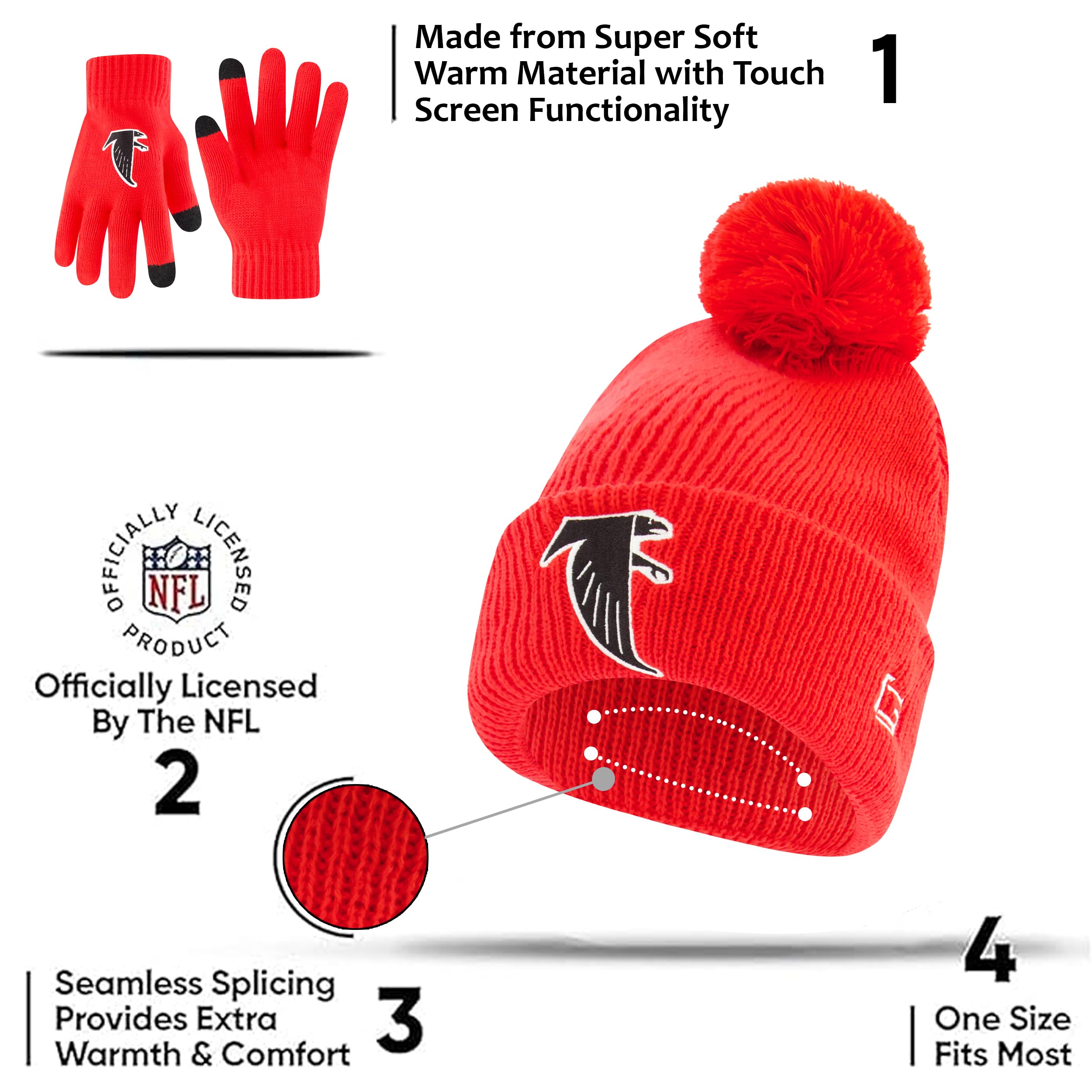 Ultra Game Adults Unisex NFL Official Super Soft Heritage Logo Winter Beanie Knit Hat with Extra Warm Touch Screen Gloves - Image 4
