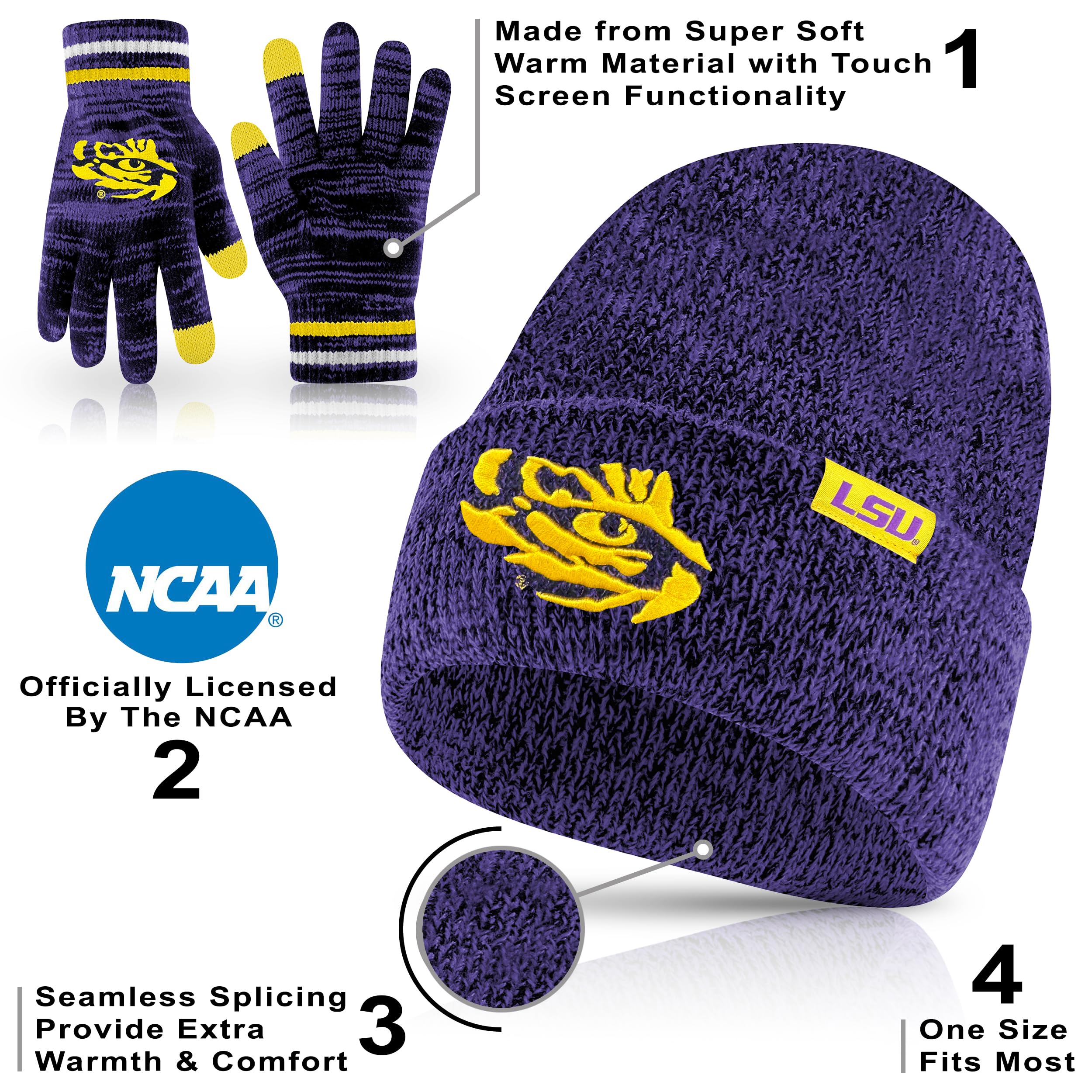 Ultra Game Men's NCAA Official Super Soft Winter Beanie Knit Hat with Extra Warm Touch Screen Gloves - Image 4