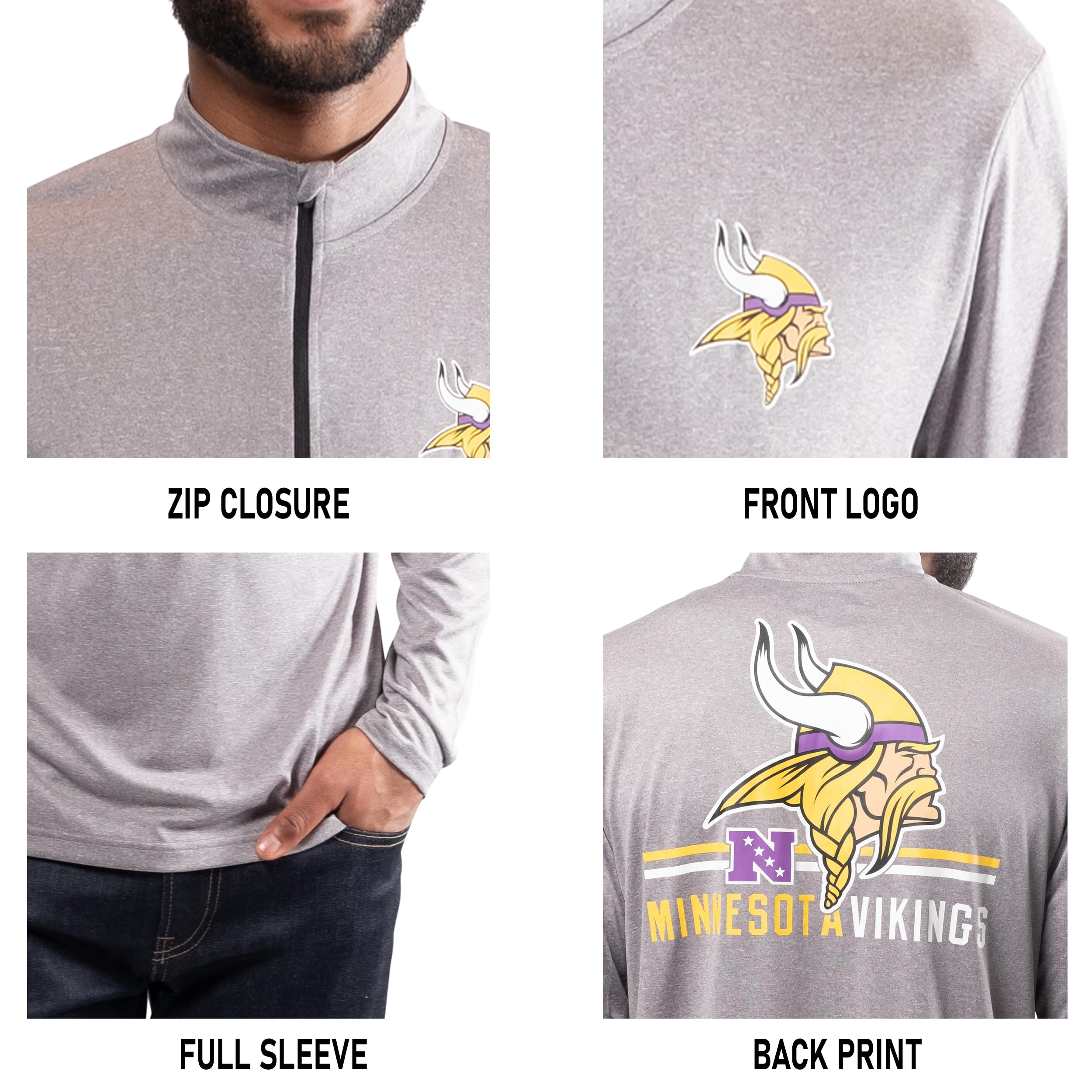 Ultra Game NFL Men's Super Soft Quarter Zip Long Sleeve T-Shirt, Minnesota Vikings, Heather Gray, X-Large - Image 5