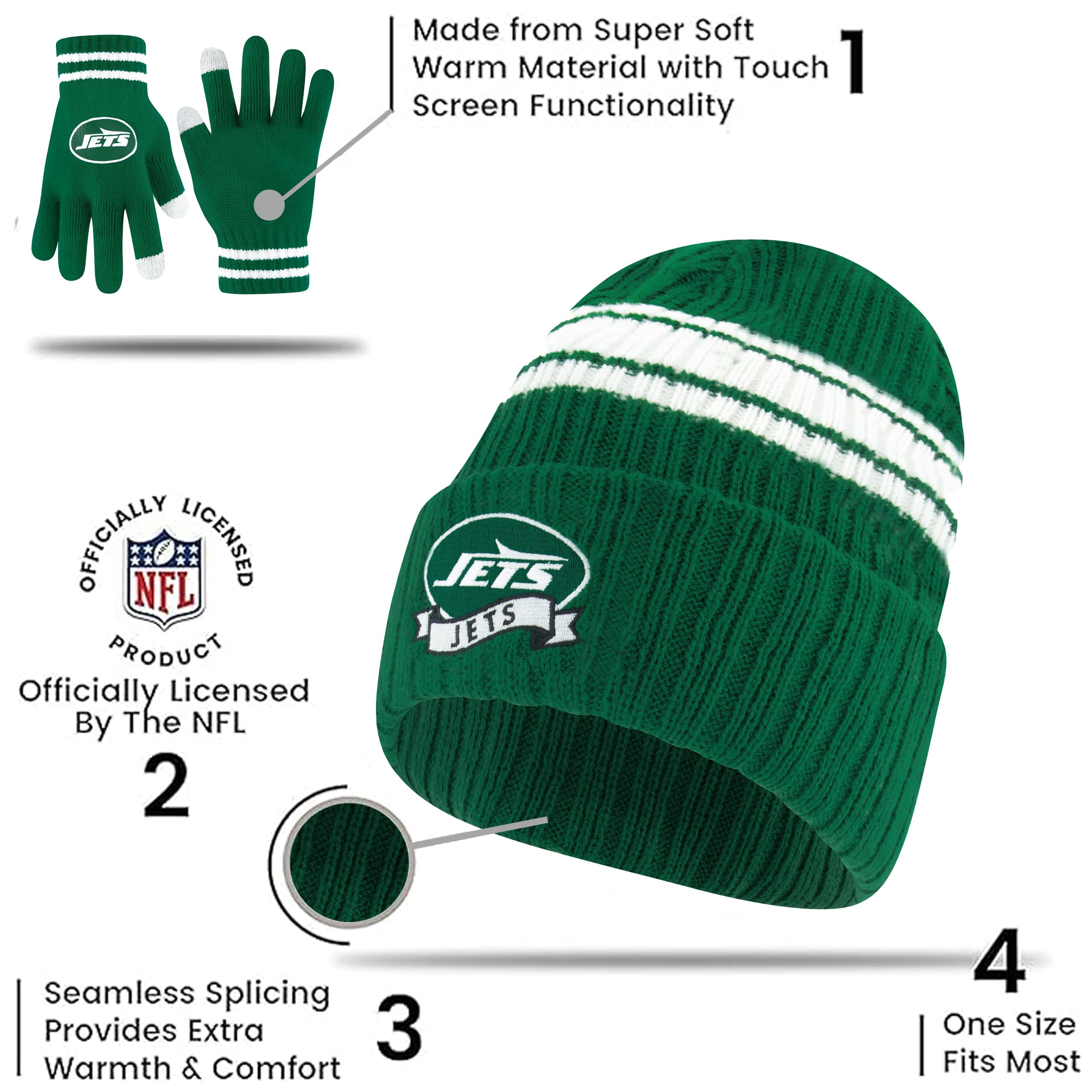 Ultra Game Youth NFL Official Super Soft Team Stripe Winter Beanie Knit Hat with Warm Touch Screen Gloves - Image 4